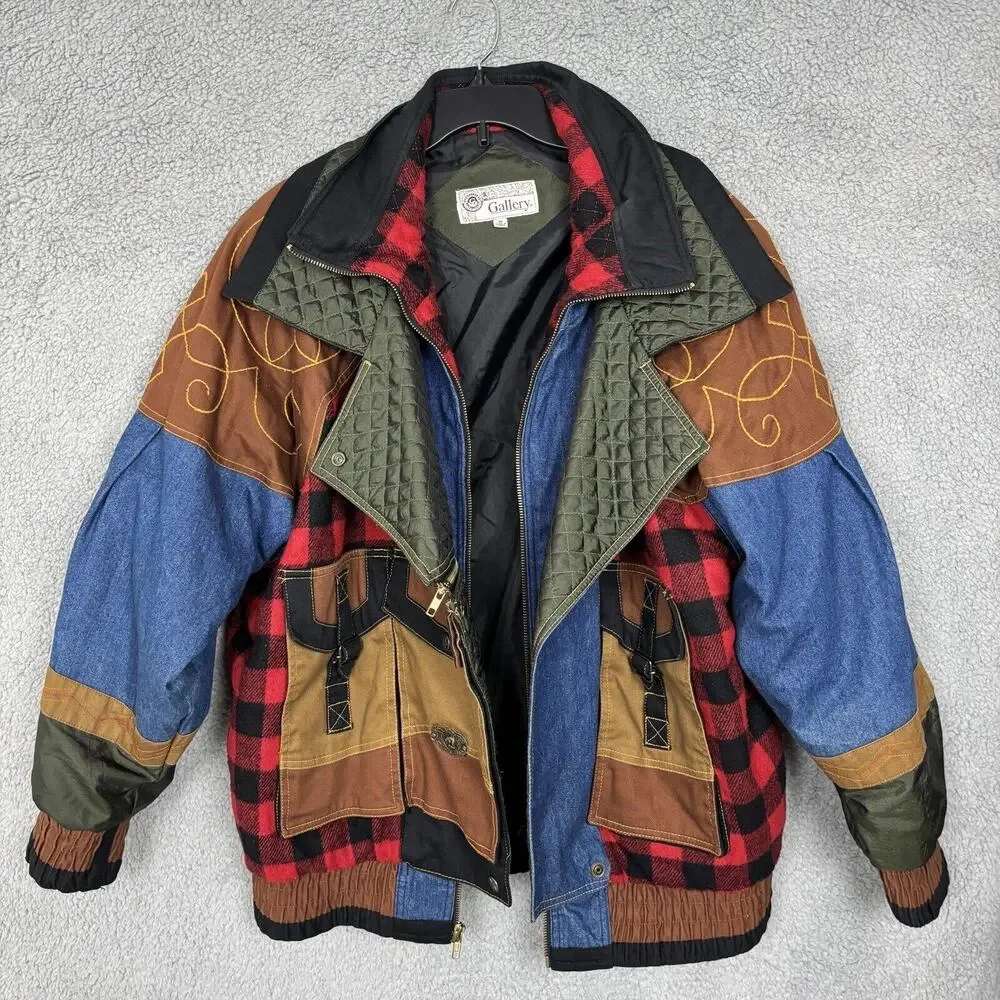 Vtg Gallery Patchwork Jacket Quilted Panel Mixed Media Grunge Jacket Unisex sz M